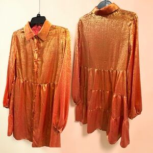 Shimmery Orange Metallic Tiered Button-Up Dress